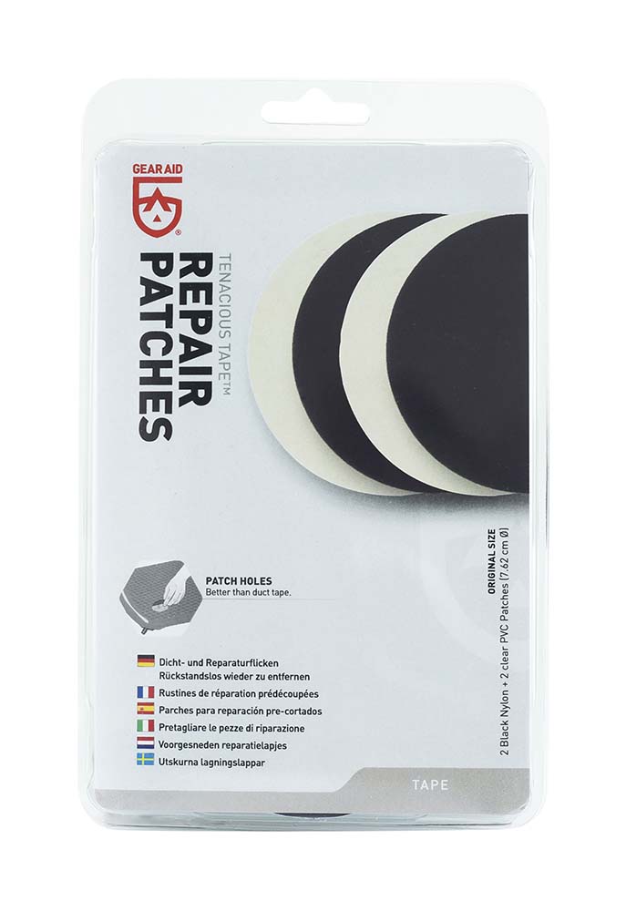 5713058 A set of 4 repair patches. Suitable for repairing holes and cracks in tents, tarps, inflatable items, sleeping bags, jackets, rain gear etc. This set contains 2 black nylon patches and 2 transparent PVC patches for virtually invisible repairs. Regardless of the weather, these repair patches remain intact and will not peel off or come loose due to sun or rain.