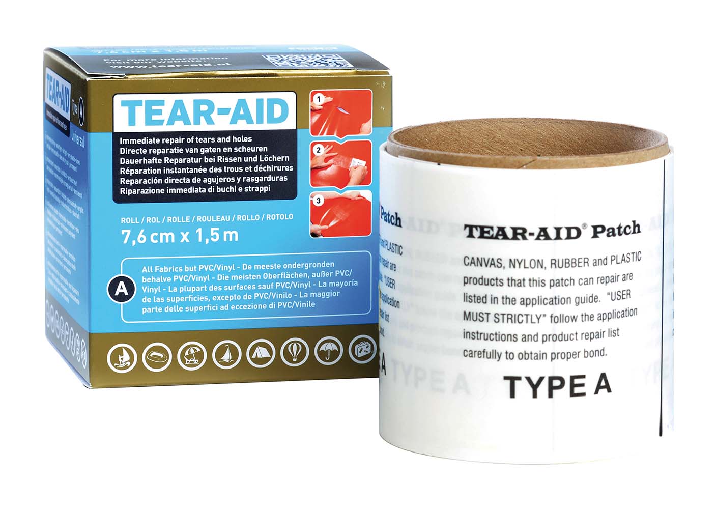 5714002 "A multi-functional and transparent repair agent. Tear-Aid repairs holes and tears permanently in almost all materials. The repair agent is extremely strong, water and airtight, very elastic, it doesn't change colour and it doesn't dry out. Ideal for permanent repair of (party) tent surfaces, polyester (ground) sails, sleeping bags, canvas inflatable beds, self inflating mats, bicycle tires, boats, canoes, sunscreens and umbrellas, jerry cans, diving suits, swimming pools, kites, coats and bags. It is also suitable for use on aluminium, stainless steel, polyester products and more (except for PVC and Vinyl, Tear-Aid B is suitable for this). The repair set contains a roll of Tear-Aid repair tape (150x7.6 cm)."