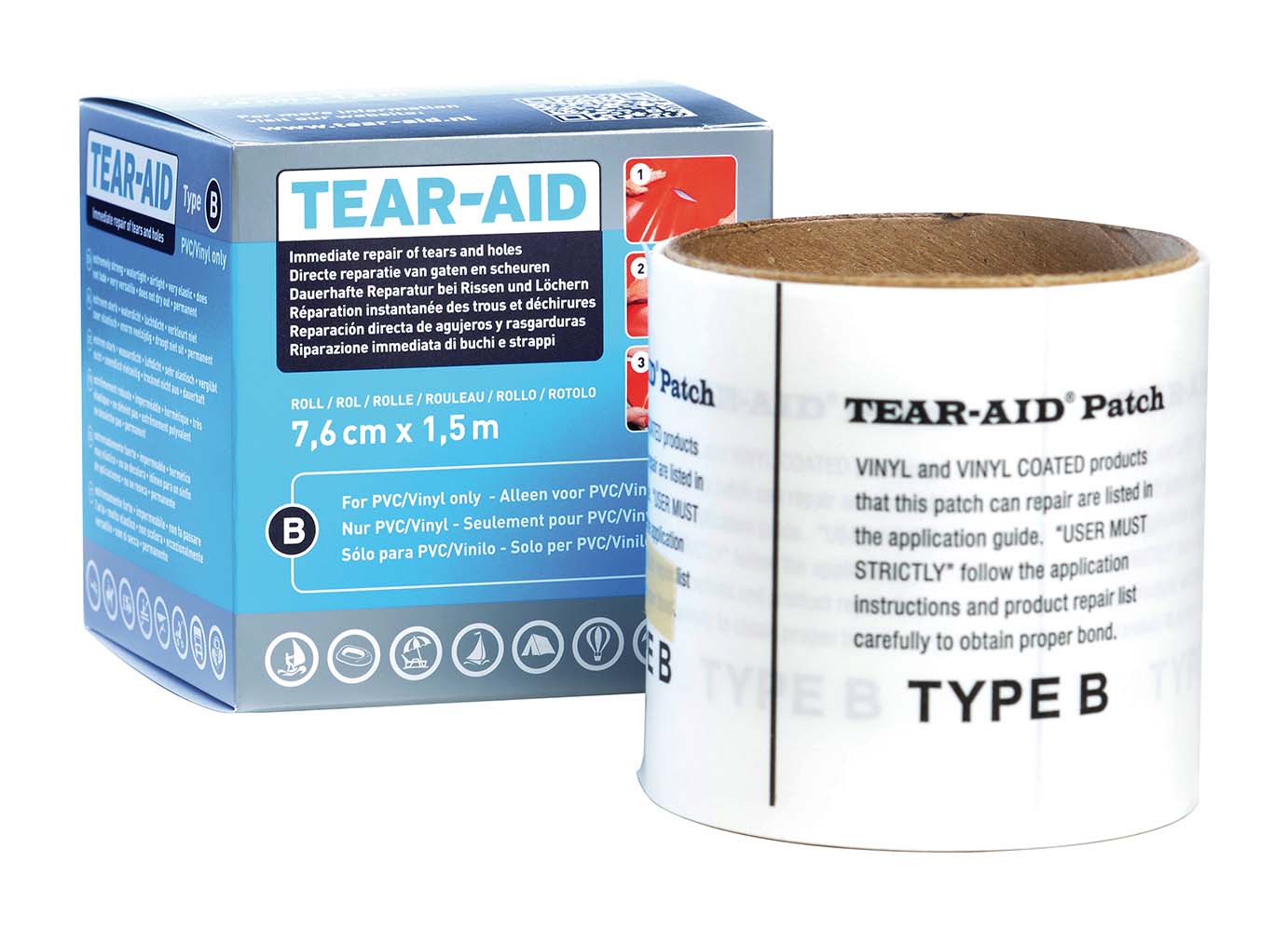 5714003 "A multi-functional and transparent repair agent. Tear-Aid B permanently repairs holes and tears in PVC and vinyl. The repair agent is extremely strong, water and airtight, very elastic, it doesn't change colour and it doesn't dry out. Can even be used under water! Ideal for permanent repairs of PVC tent frames, PVC ground sheets, (inflatable) boats, swimming pools, inflatable toys, PVC sunscreens and umbrellas, vinyl raincoats and bags. The repair set contains a roll of Tear-Aid repair tape (150x7,6 cm)."