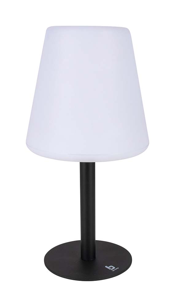 5818611 An atmospheric rechargeable table lamp with a stylish outdoor look. Gives a pleasant light by the warm white LED lighting. Equipped with 3 light modes (25%/50%/100%), a plastic housing and steel base. The built-in Li-ion battery can be charged with an included USB cable. Ideal for on a table or cabinet