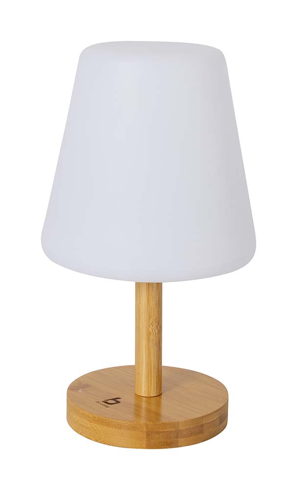 5818792 "Een klassieke tafellamp in een trendy jasje. Geeft een prettig licht door de LED's met een warme lichtkleur en de witte matte kap. De lamp is te gebruiken in drie lichtstanden: 20%, 50% en 100%. Voorzien van een stijlvolle bamboe voet. De accu is op te laden via USB."