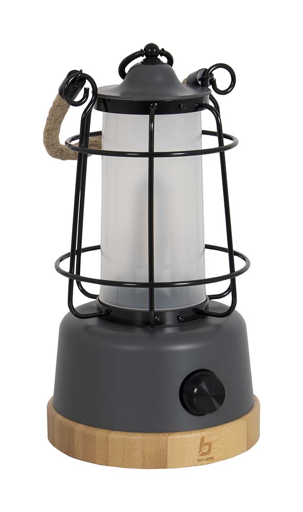 5818921 An atmospheric rechargeable table lantern with stylish outdoor look. Gives a pleasant light by the warm white LED lighting with stepless dimming function. Equipped with a bamboo base, plastic housing and a rope handle. The built-in Li-ion battery can be charged with an included USB cable. Ideal for a table, locker or to hang on something with the rope.