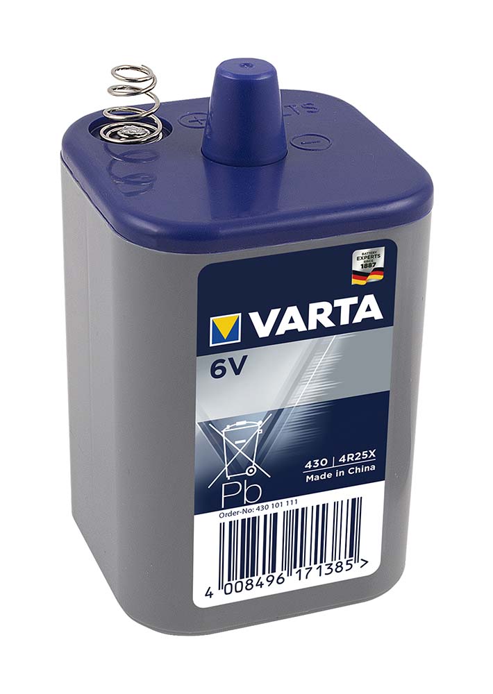 5919475 A block battery with spring. V430, 4R25X block battery with zinc chloride. This long-Life battery functions approximately 5 hours at continuous use. Suitable for among others flash lights, camping lamps, lighting fixtures, flood lights, alarm systems and such. 6 Volt.