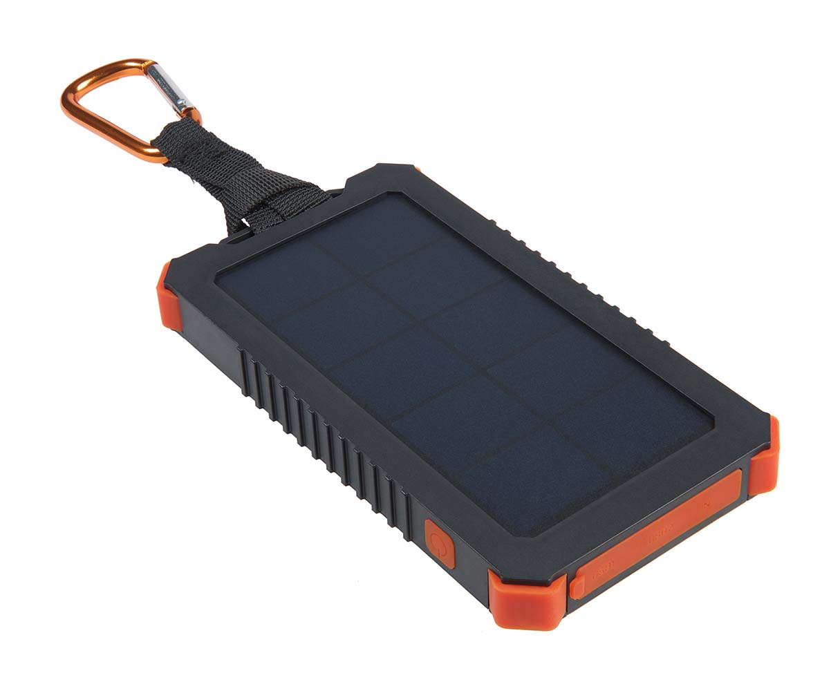 5921081 The Instinct Solar charger ideal for on the go. The charger is drop-resistant (1M) and splash-proof. The solar charger has an internal battery of 5,000mAh that can store enough energy to charge your smartphone up to 4 times! The solar charger is equipped with a handy torch. The internal battery can easily be recharged via USB, mains power or by using the solar panel.