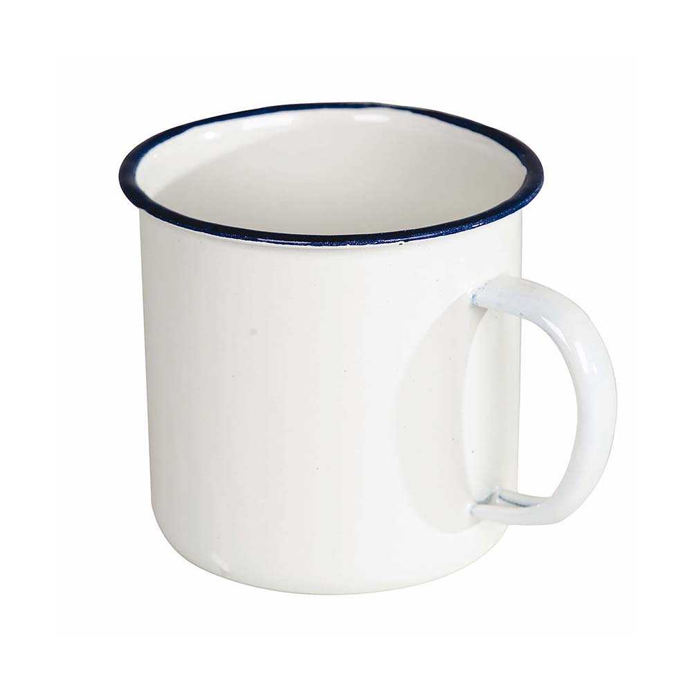6101500 A sturdy steel mug. The mug is enamelled, so with a hard enamel layer that provides extra hygiene and sturdiness. Also enamel is heat resistant and durable. The mug is decorated with a blue border.