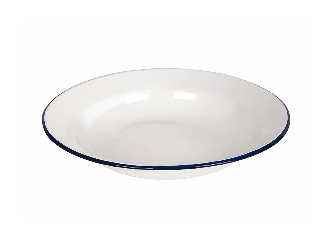 6101525 A deep enamelled plate. This strong steel plate has an enamel layer, this hard layer ensures extra hygiene and the sturdiness of the plate. Enamel is also inflammable and durable. The plate is decorated with a blue edge.