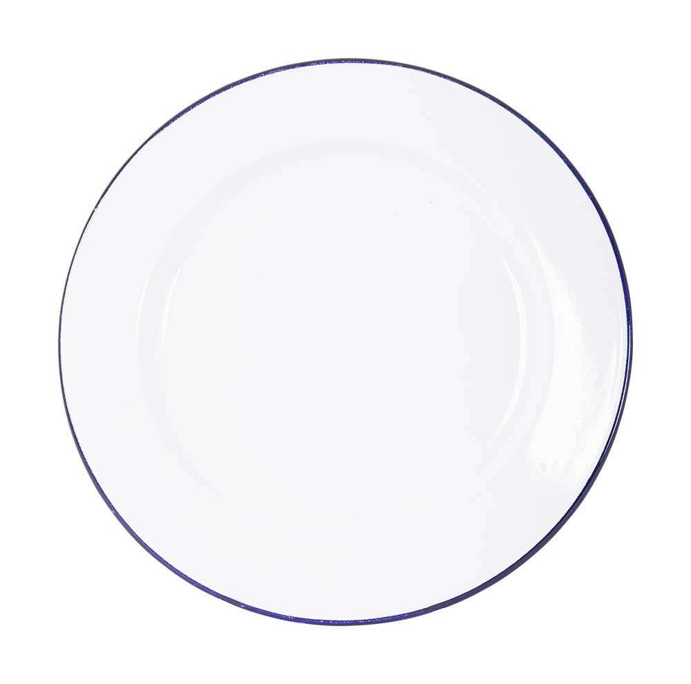6101526 An enamelled dinner plate. This strong steel plate has an enamel layer, this hard layer ensures extra hygiene and the sturdiness of the plate. Enamel is also inflammable and durable. The plate is decorated with a blue edge.