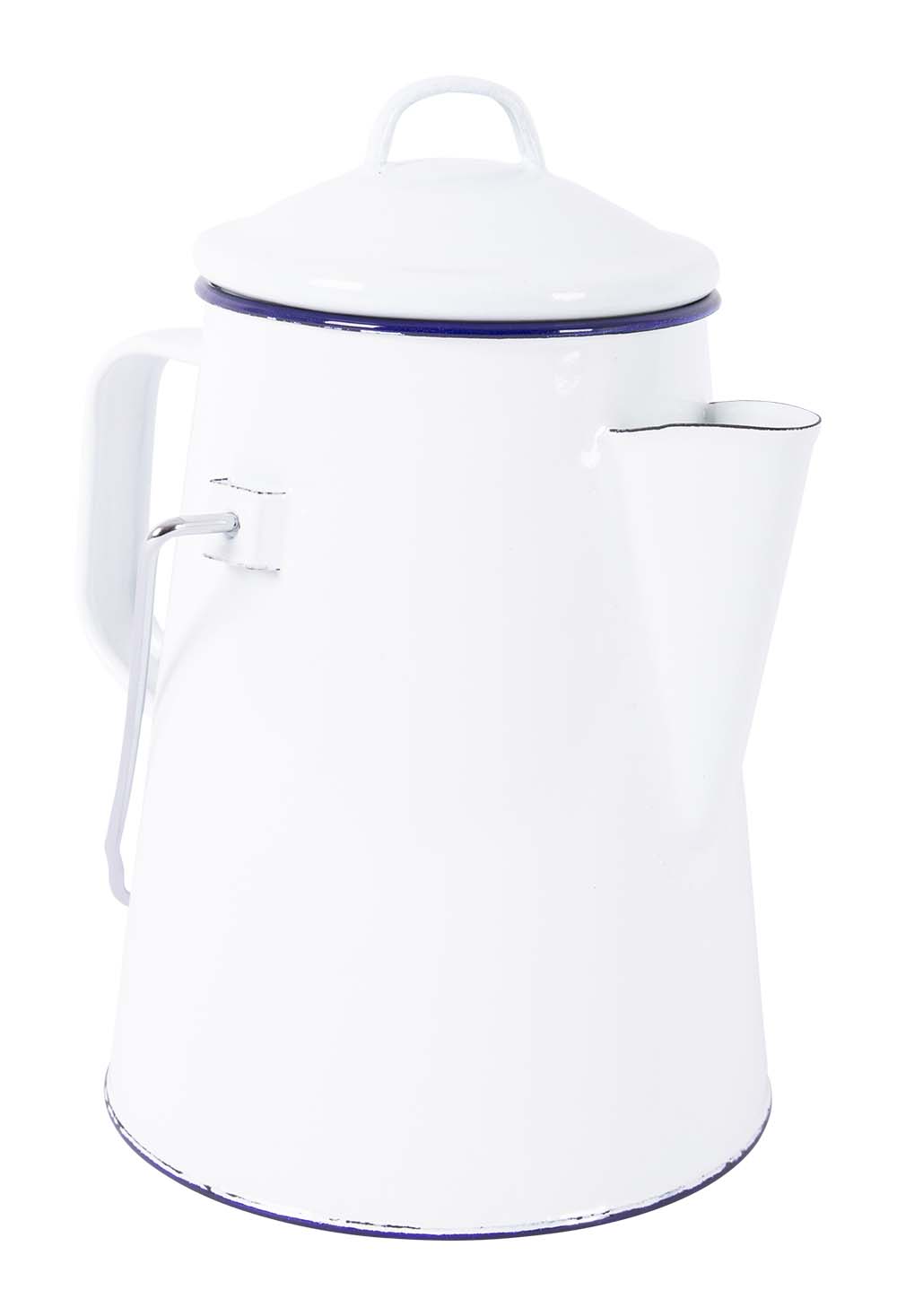 6101527 An enamelled tea kettle. This strong steel kettle has an enamel layer, this hard layer ensures extra hygiene and the sturdiness of the plate. Enamel is also inflammable and durable. The kettle is decorated with a blue edge.