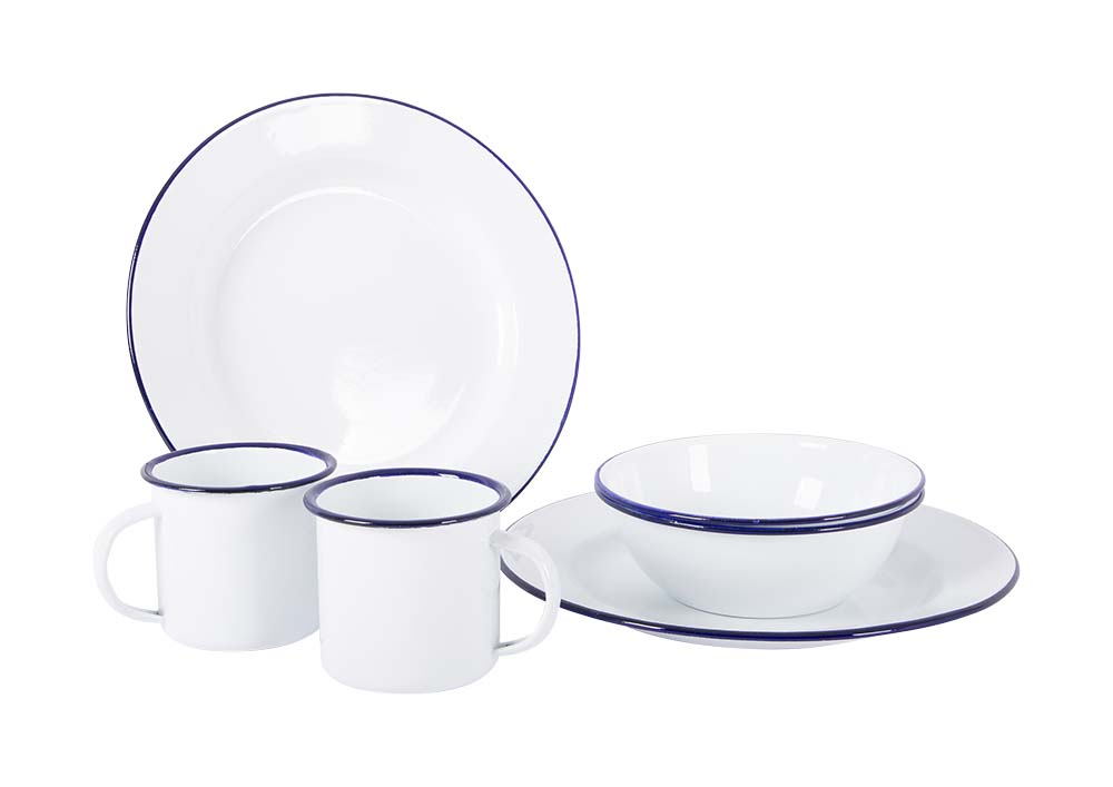 6101530 A sturdy steel 6-piece tableware set decorated with a blue border. The set is enamelled, so with a hard enamel layer that provides extra hygiene and sturdiness. Also enamel is heat resistant and durable. This set is suitable for 2 persons and consists of 2 plates Ø 26 cm, 2 bowls 700 ml and 2 mugs 370 ml.