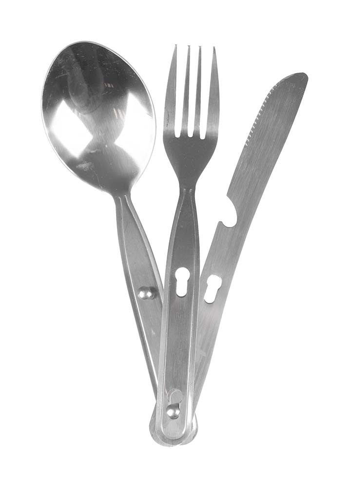 6102100 A 3-part cutlery set. The ideal 1-person cutlery set to take on a trip. This set includes a knife, fork and spoon, where a notch in the knife also serves as a bottle opener. Made of stainless steel, which makes for a long product life. The 3 parts are held together by means of a slide pin. Supplied in a convenient case.