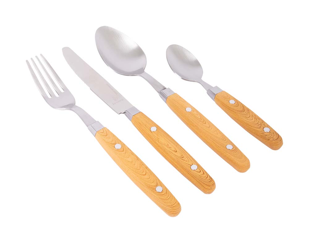 6102295 A stylish 16-piece cutlery set from the Urban Outdoor collection. This practical set is suitable for 4 people and consists of 4 knives, 4 forks, 4 spoons and 4 small (tea) spoons. Made of stainless steel with a plastic handle with bamboo look, which gives the set a long product life.
