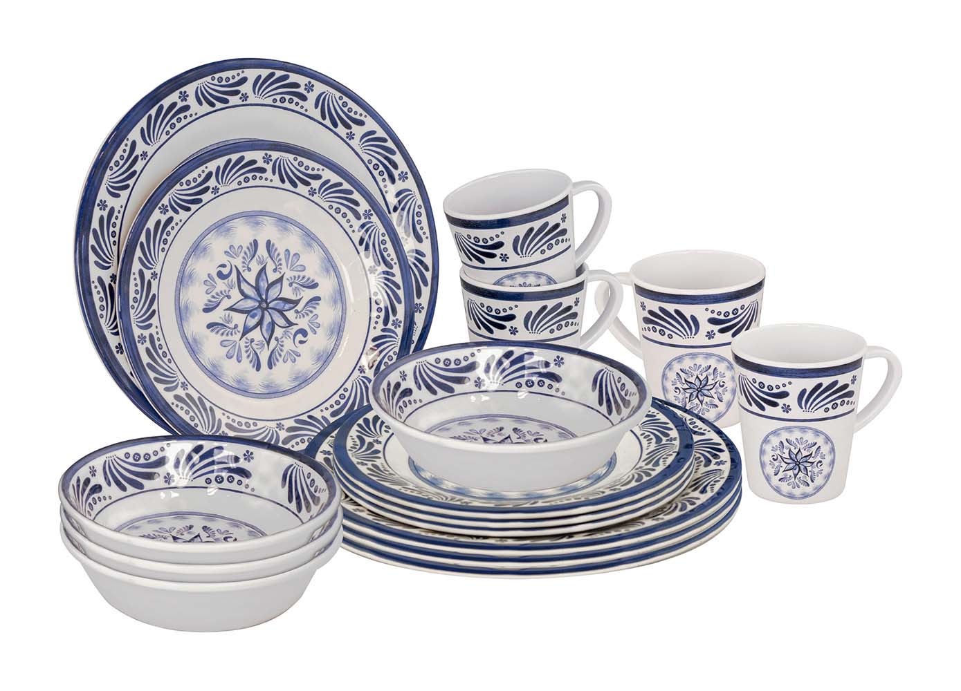 6181360 A luxurious and trendy 16-piece tableware set made of 100% melamine. The tableware set has an old Dutch design with a new look. The melamine dinnerware is virtually unbreakable and very lightweight. In addition, the set is scratch resistant and dishwasher safe. This stylish set is suitable for 4 people and consists of 4 breakfast plates, 4 dinner plates, 4 bowls and 4 mugs.
