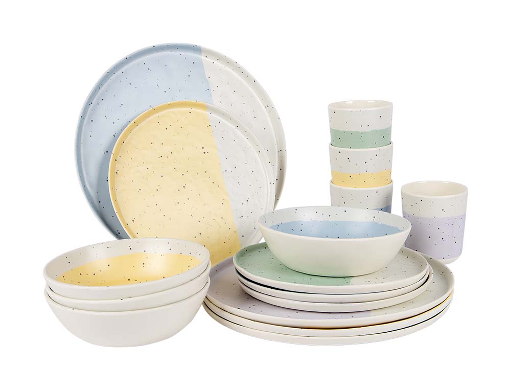 6181373 A cheerful and stylish tableware set from the pastel collection. The melamine tableware is virtually unbreakable and very lightweight. In addition, the tableware is scratch resistant and dishwasher safe. This stylish set is suitable for 4 persons and consists of 4 breakfast plates, 4 dinner plates, 4 bowls and 4 tumblers that can all be mixed and matched. Dimensions: Ø Plate: 27 cm. Ø Plate: 21 cm. Ø Bowl: 16,5 Ø Mug: 8 cm. Capacity: Bowl: 700 ml, Mug: 300 ml.