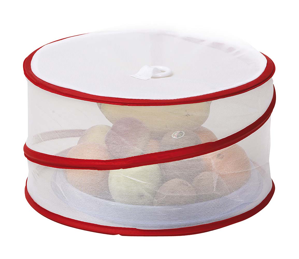 6301557 A compact collapsible fly screen. Protects food from flies or other insects. Quick to set up and collapse by means of a pop-up system.