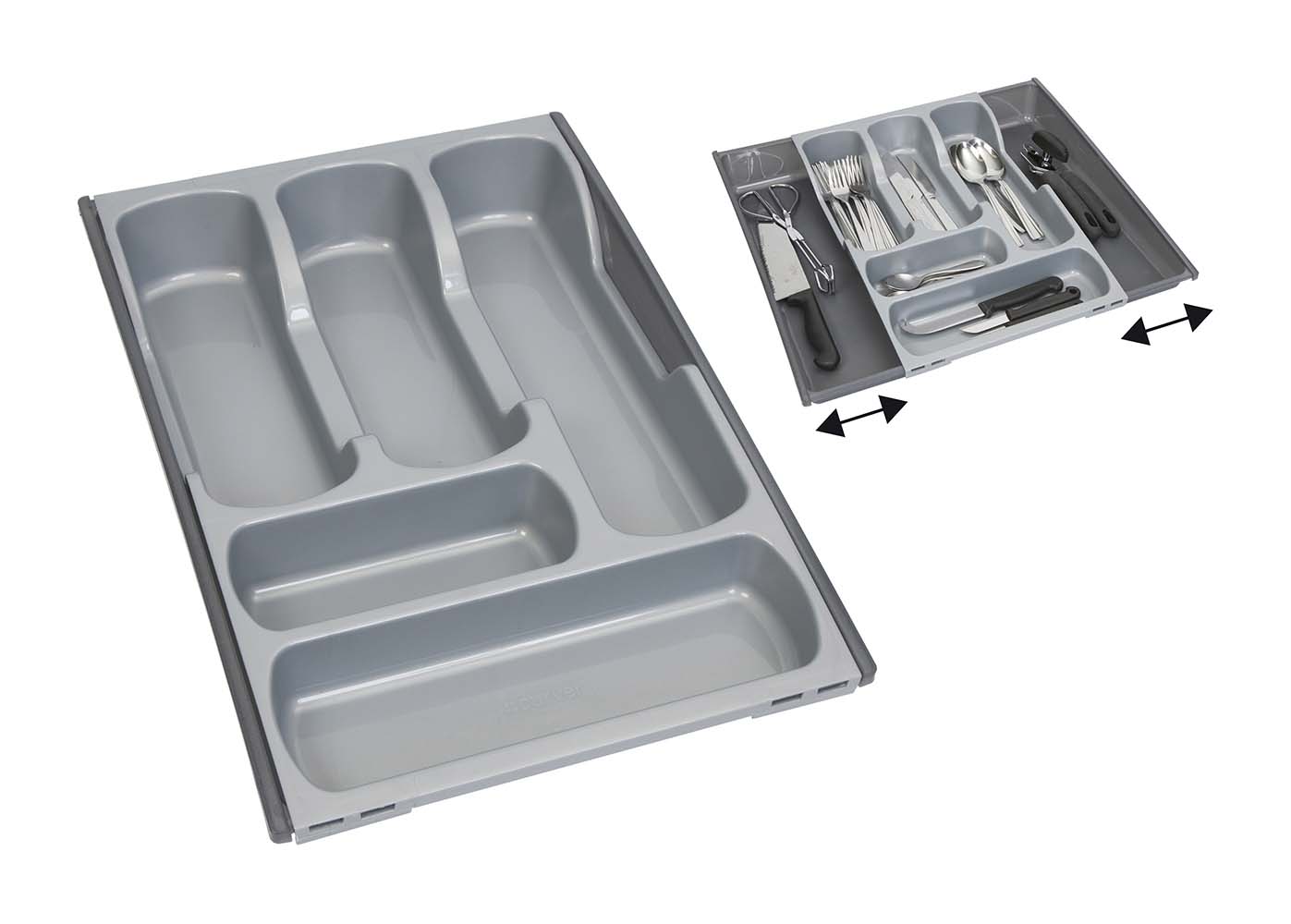6302102 A very practical 7-compartment cutlery tray. This cutlery tray can be adjusted to the space by sliding the sides in and out. By sliding out the sides of this 5-compartment cutlery tray outward, 2 additional compartments are created. Ideal to store items compactly.