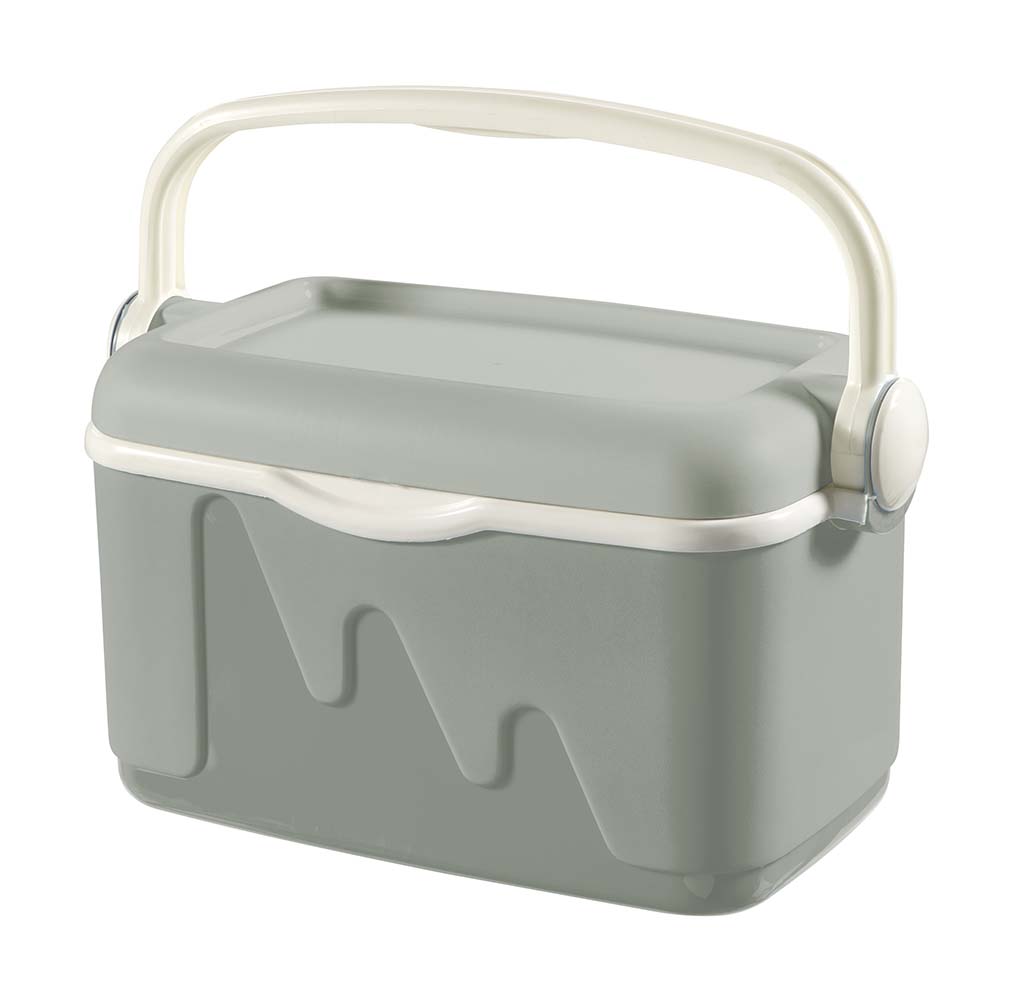 6702100 A double-walled cooler box with an insulating layer. The lid is secured by lowering the handle. The cooler box is made of high quality plastic. In addition, the cooler box is strong enough to sit on.