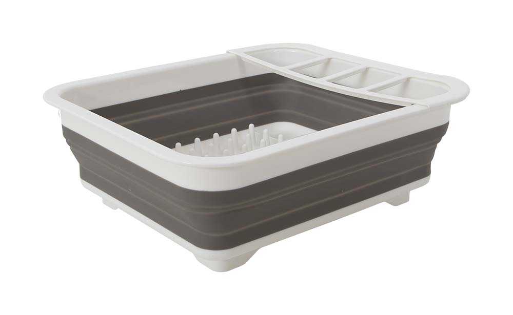 6966096 A handy foldable draining rack made of sturdy plastic. Very compact to store and take with you in, for example, a camper or caravan. The draining rack can be folded to a thickness of only 5 cm. Dimensions: 37.5x29x12.5 cm.