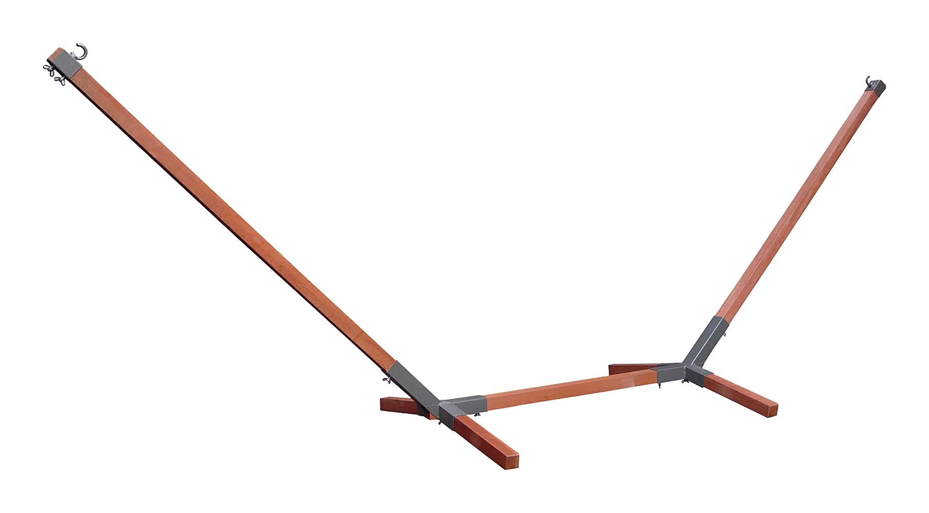 7100250 A hardwood hammock stand. Made of Massaranduba FSC Pure solid wood. Suitable for hammocks with a total length of maximum 325 centimetres. Adjustable in height to a maximum of 115 centimetres, while the span is adjustable from 310 to 335 centimetres. Maximum load-bearing capacity: 120 kilograms.