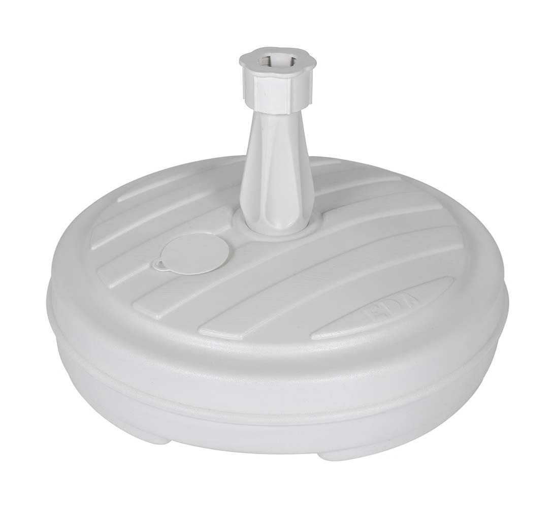 7202685 A sturdy parasol base. Prevents the parasol from blowing over by filling it with water or sand. This round parasol base is suitable for parasol shafts of 18 to 32 millimetres.