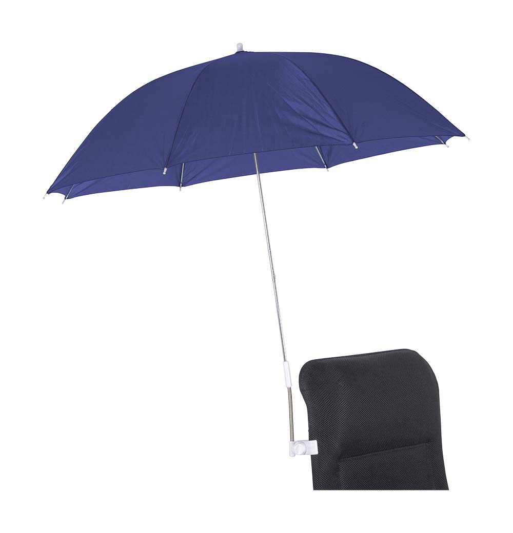 7267282 Een praktische stoelparasol die gemakkelijk is mee te nemen. Deze stevige parasol is voorzien van een gegalvaniseerd stalen frame, een verchroomde steel en luxe 170T polyester stof. Door middel van een klem is de parasol snel en eenvoudig te bevestigen op bijna elke stoel. De maximale dikte voor bevestiging is 2,5 cm. Bovendien voorzien van een zilvercoating voor extra UV wering.