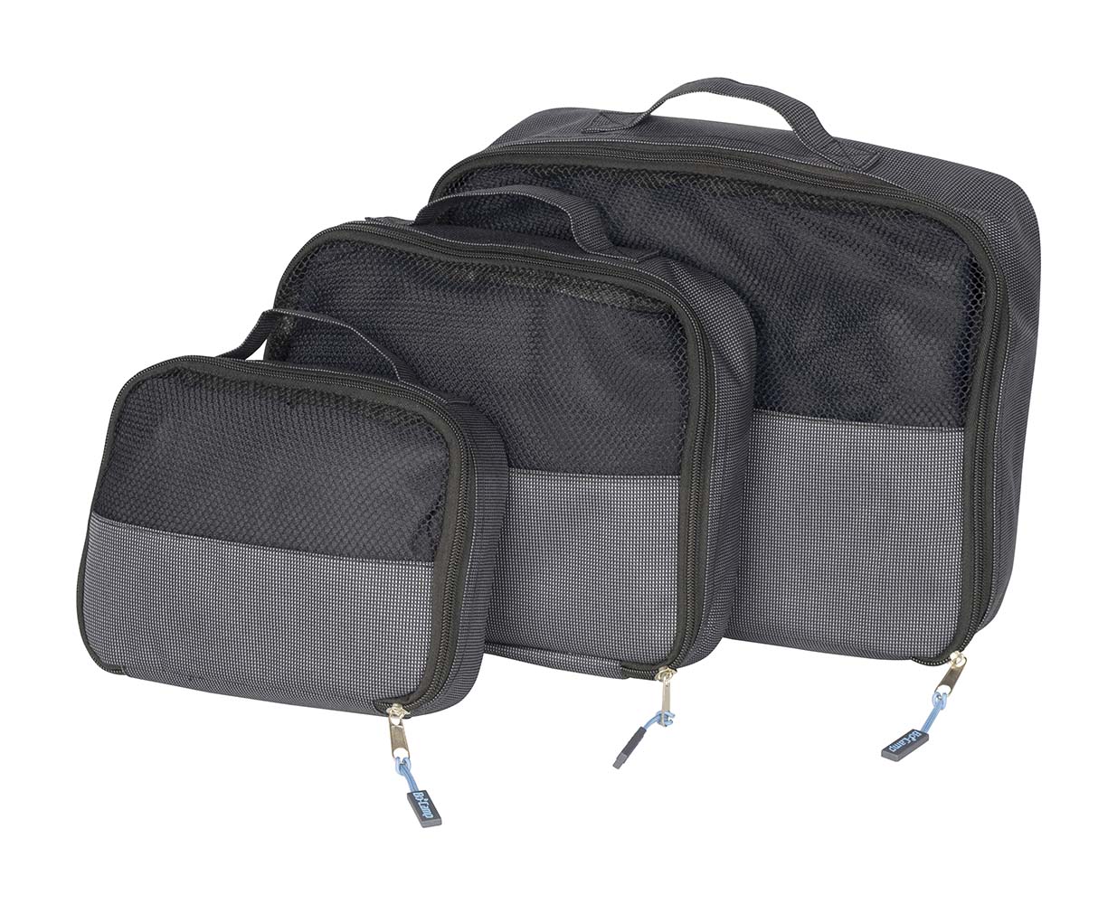 7504370 Handy travel pack cube set in 3 different sizes. Ideal for organizing stuff, organizing your suitcase or dirty or clean laundry. The bags have a mesh front and close with a zipper.