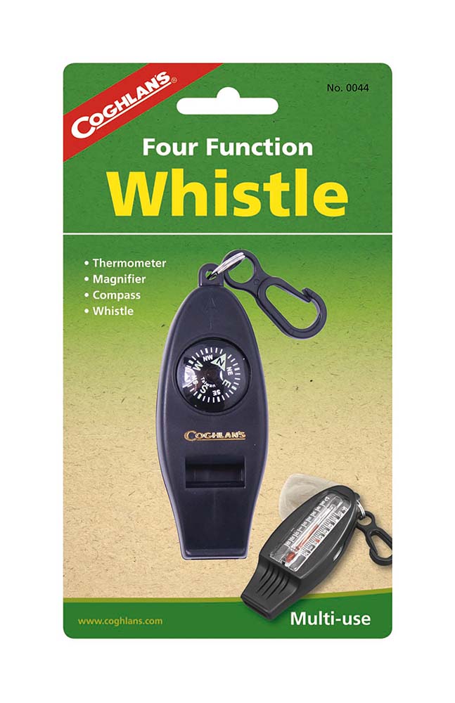 7690044 A multi-purpose whistle. This whistle can be attached by means of a snap hook, for example to a belt or zip fastener. Also features a compass, a magnifying glass and a thermometer.