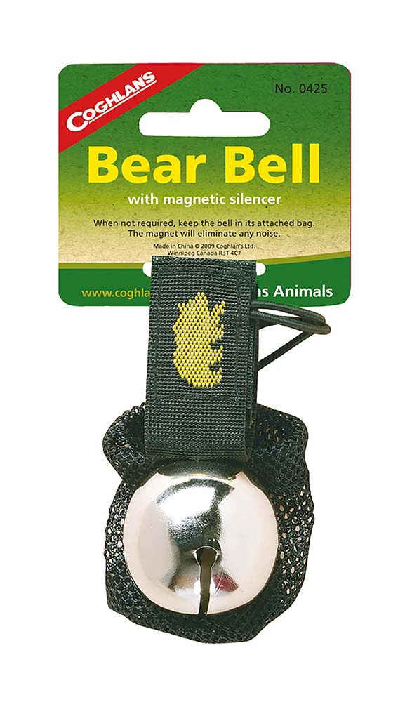 7690425 "A bear bell for personal safety. Important for taking with you when hiking, walking or backpacking in countries where bears may possibly roam. This bell is easy to attach to luggage or clothing. The bear bell alerts bears of your presence from a distance. With a magnet to stop the bell from ringing when it's not needed. The bear bell is small and lightweight, making it easy to take along."