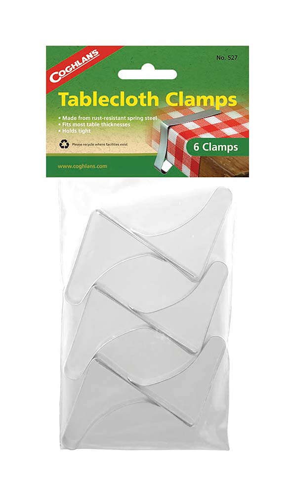 7690527 6 Stainless steel table clamps. Envelop the table completely and will not get in the way. Suitable for almost any plug. Holds each tablecloth firmly in place.