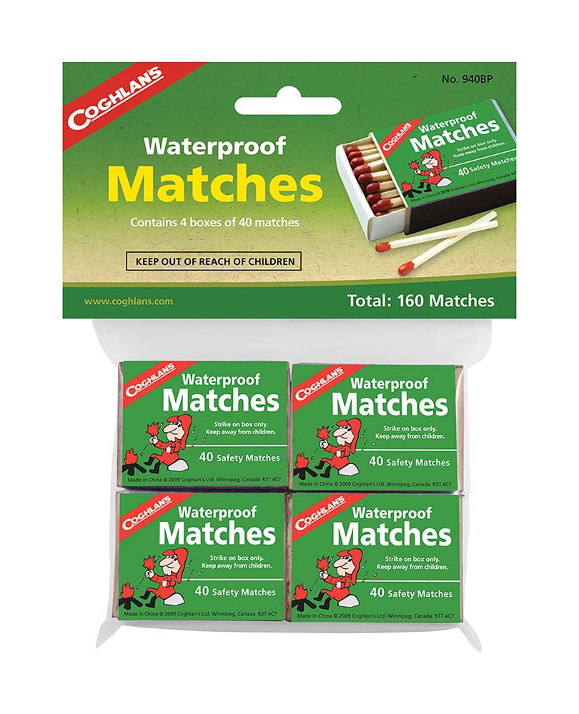 7690940 Water resistant matches. Matches that burn even in wet conditions. This makes matches that do not light a thing of the past. The total of 160 matches is divided over four little boxes of 40 waterproof matches each.