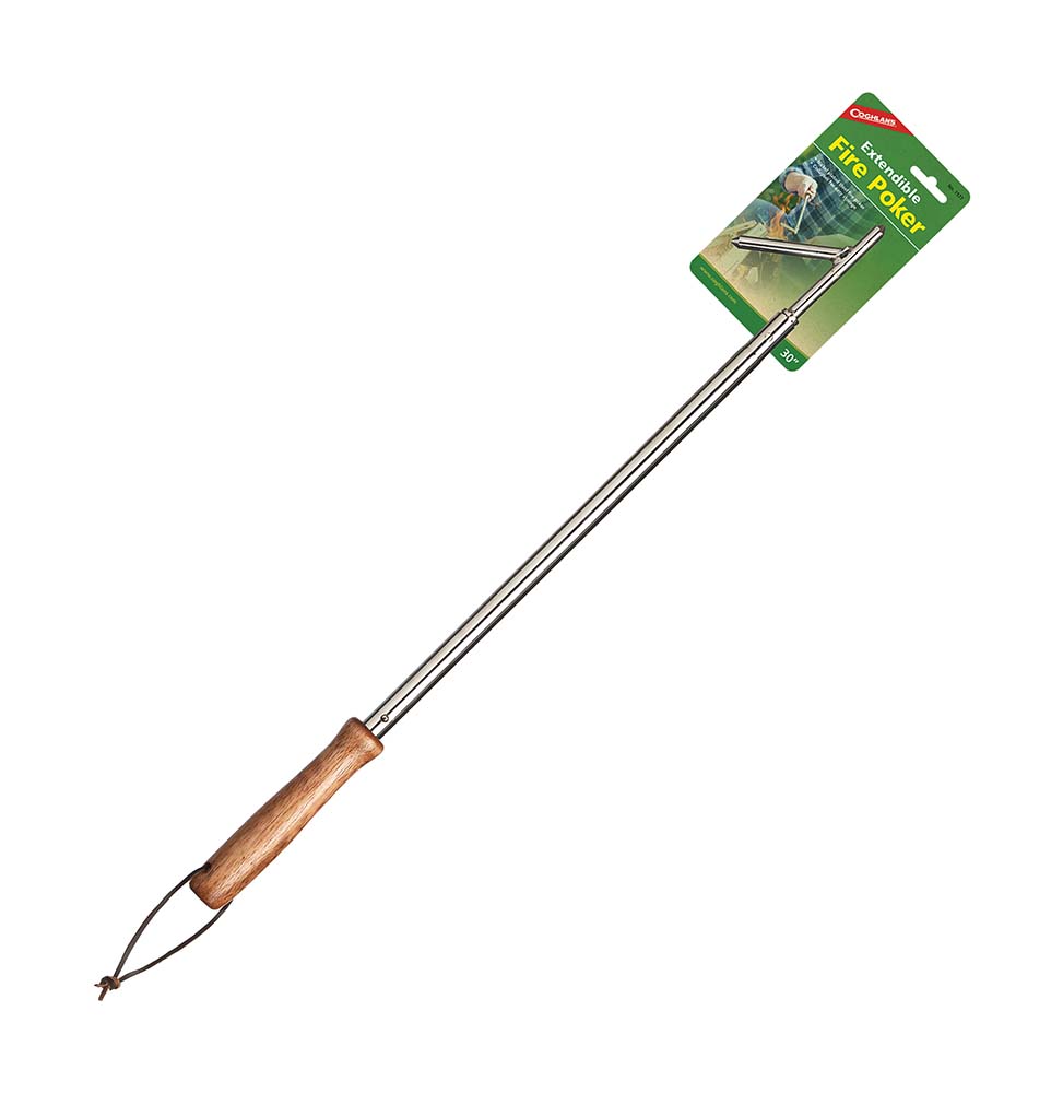 7691577 Telescopic poker. This sturdy poker makes it easy to keep a fire burning. Has a wooden handle for a good grip and a leather loop for hanging. Extends from 43 - 76 centimetres.