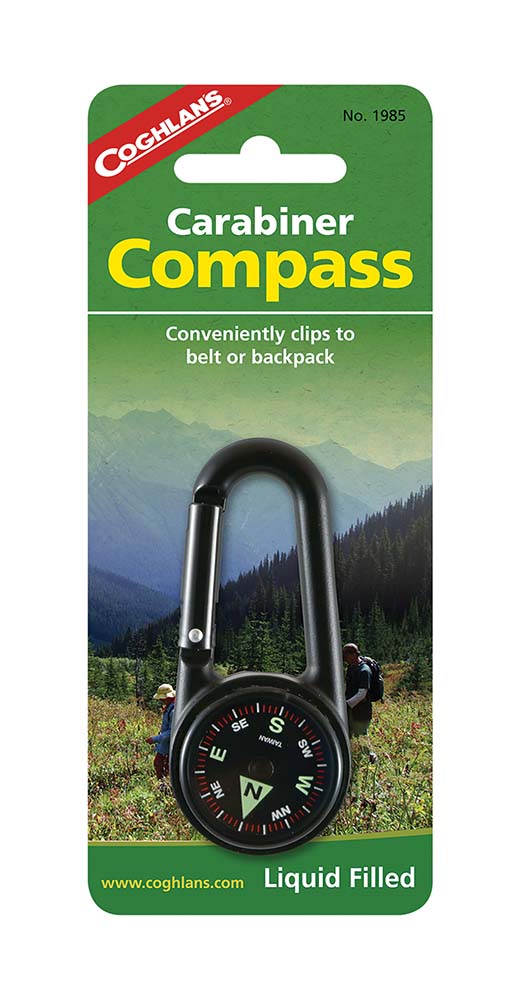 7691985 A carabiner with a built-in compass. Very easy to attach to a pair of trousers, a belt or bag. The compass is filled with liquid for accuracy.