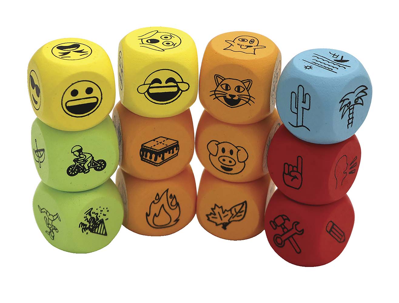 7692174 A set of story dice. Roll the dice and tell a story about what you see. Contains 12 different dice. Cosy companion game for the whole family.