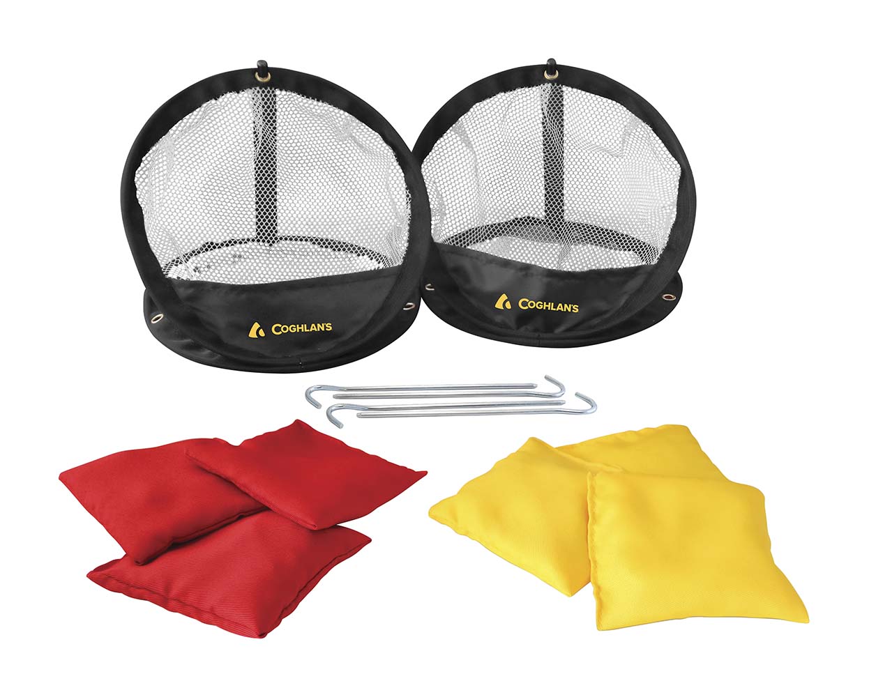 7692185 A classic throwing game. Throw the bags in the net. Contains 2 nets, 3 red and 3 yellow bags, 4 ground pens and 1 storage bag. Fun game for the whole family.