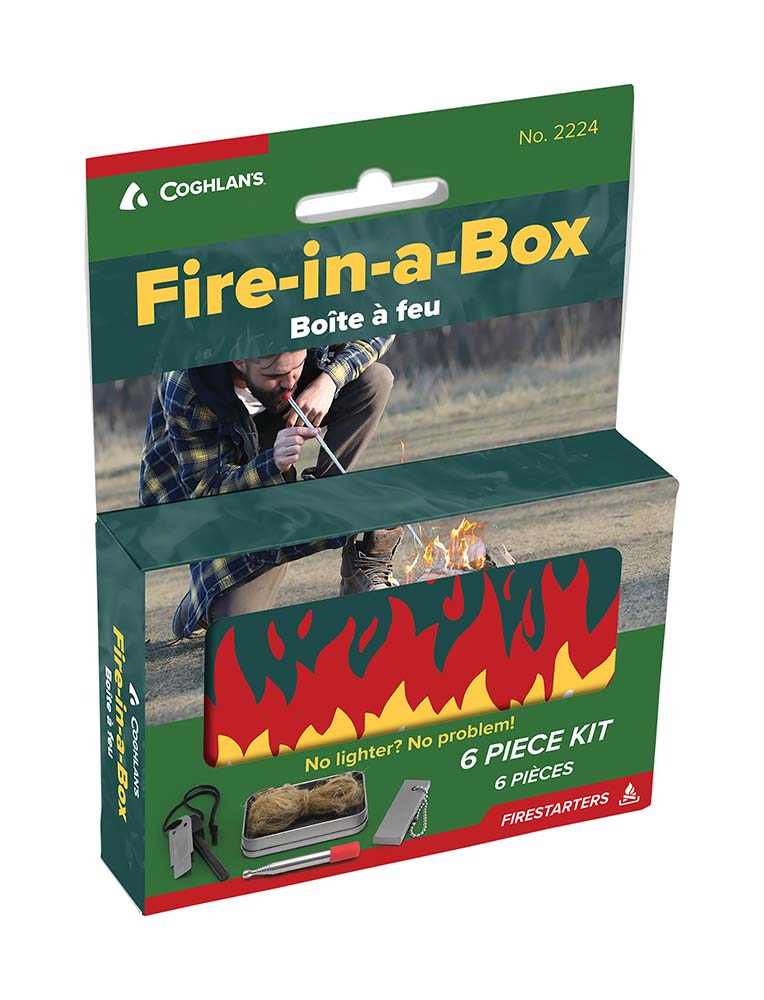7692224 A fire starter set, contains everything to make fire without matches. The set is 6 pieces and includes flints, firing pin, magnesium rod, bellows, burlap in a can. The fire can be started in the can and then moved.