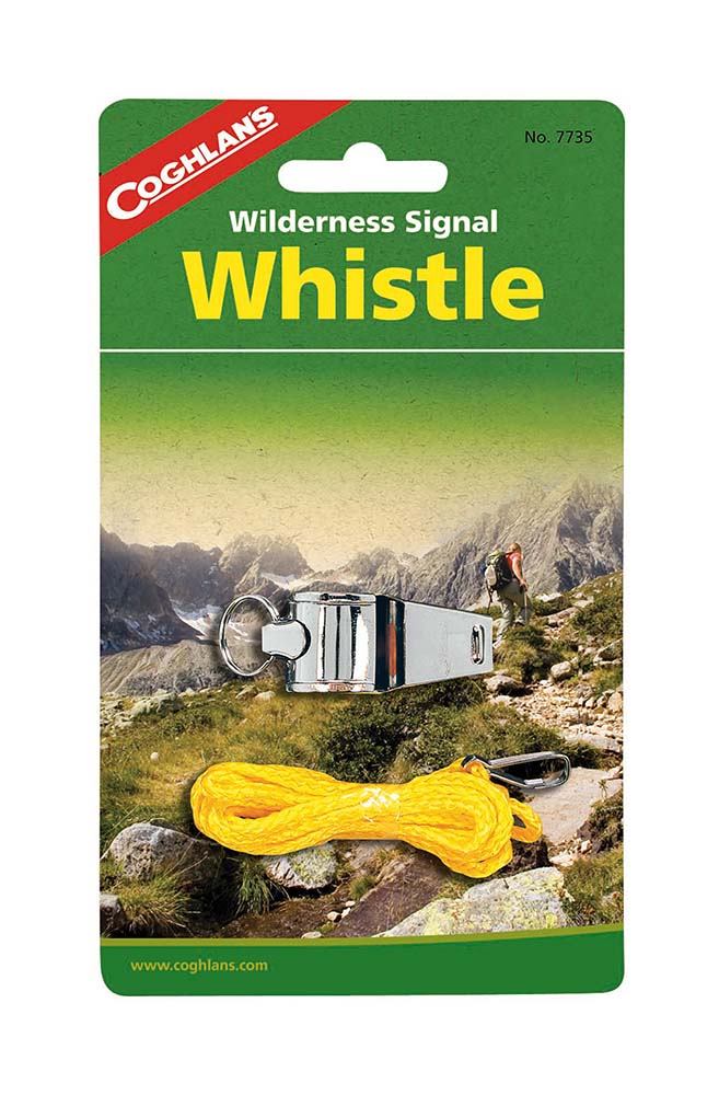 7697735 A chrome whistle. To sound a loud emergency signal. Equipped with a bright yellow lanyard.