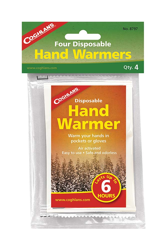 7698797 Comfortable hand warmers for in pockets or gloves. Just pinch and/or shake and these sachets will provide heat for 6 hours.
