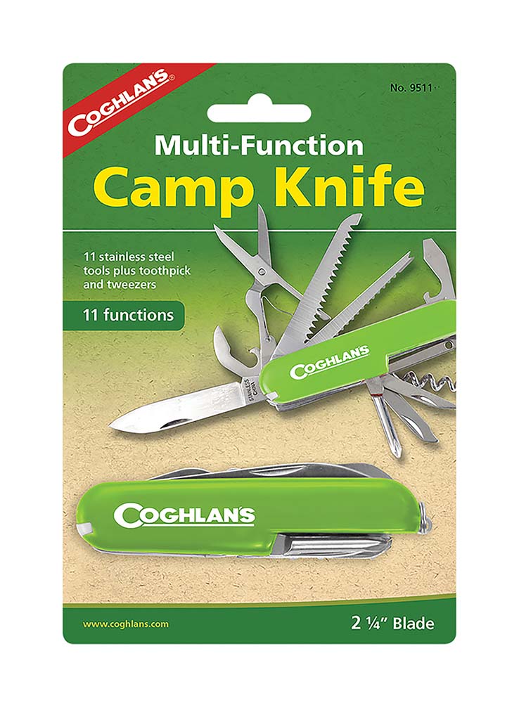 7699511 A Swiss army knife with 11 functions: a knife, can opener, scissors, saw, awl, hole punch, corkscrew, screwdriver, bottle opener, toothpick and tweezers.