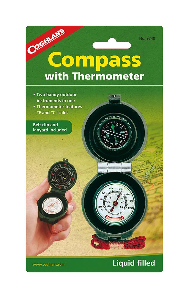 7699740 A two-in-one outdoor tool. Includes a foldable thermometer and a compass. This useful outdoor tool can be carried around the neck with the included lanyard. The thermometer shows the temperature in both Celsius and Fahrenheit.