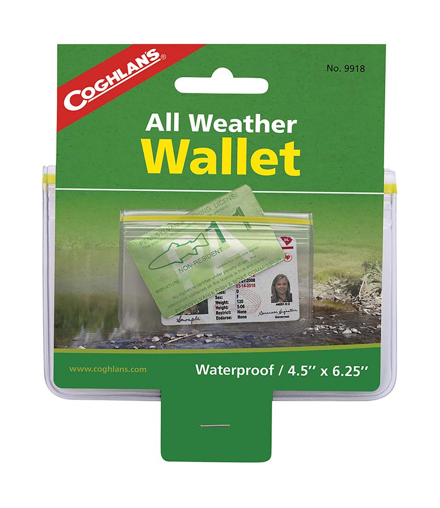 7699918 A waterproof wallet. Provides waterproof protection for money, licenses or other valuables. The wallet is made of a PVC mix with a zip-lock closure. Ideal for outdoor activities such as hiking, backpacking, fishing or hunting.