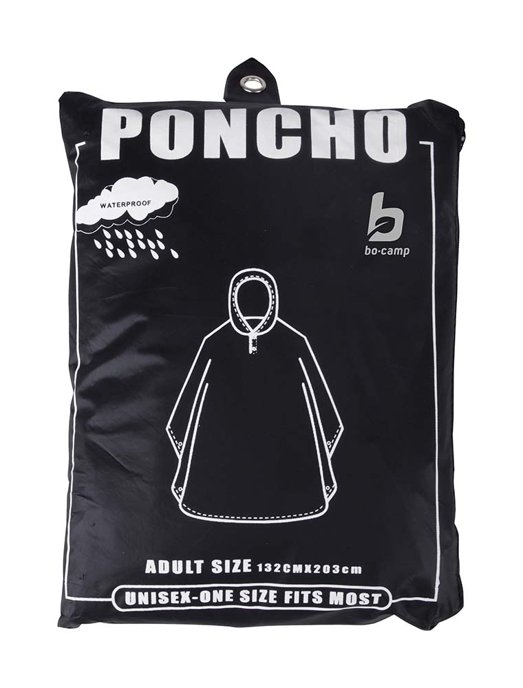 7970000 Durable EVA (PVC-free) poncho with hood. Very compact to carry along and quick and easy storage in the storage case after use . Well prepared for the unexpected! Closes with five snap buttons on the side. Universal size.