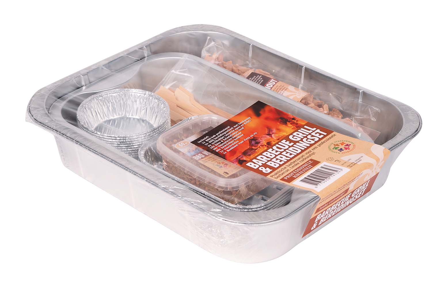 8107907 Professional preparation set for the barbecue. Includes 4 different sizes of grill dishes/trays (9 dishes/trays), 10 sauce & salad trays, 30 tapas bamboo skewers, 60 bamboo satay sticks, 1 box of barbecue herbs and a bag of smoker chips. Makes a great gift!