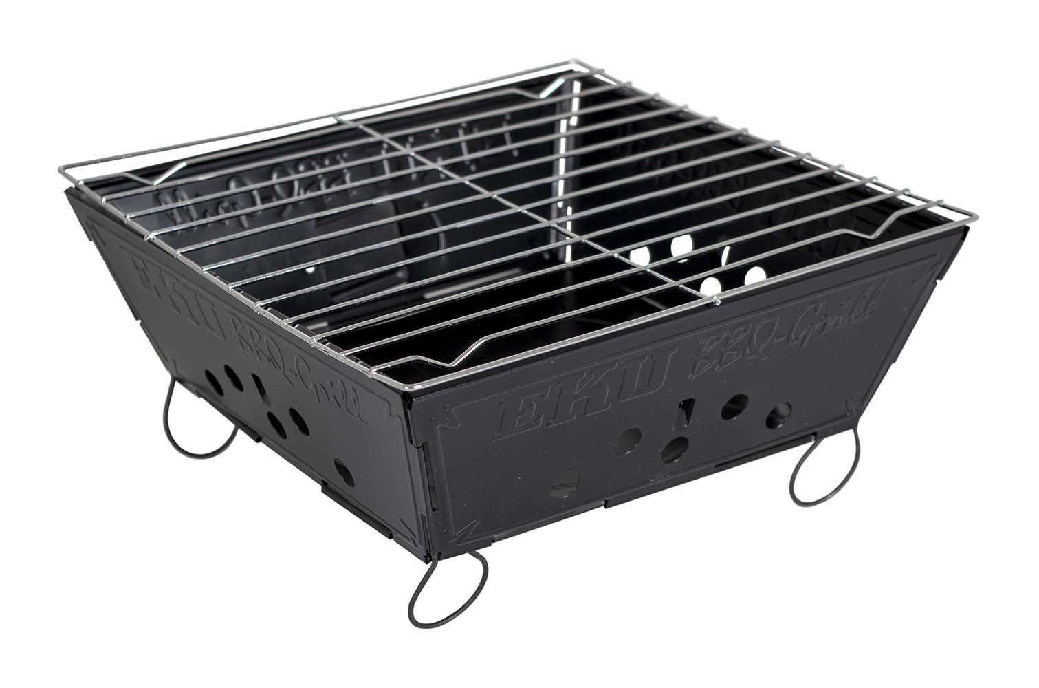 8108145 A barbecue that can be folded very flat. Because it fully retracts, this lightweight charcoal barbecue is easy to transport. Equipped with small openings for ventilation on the sides.