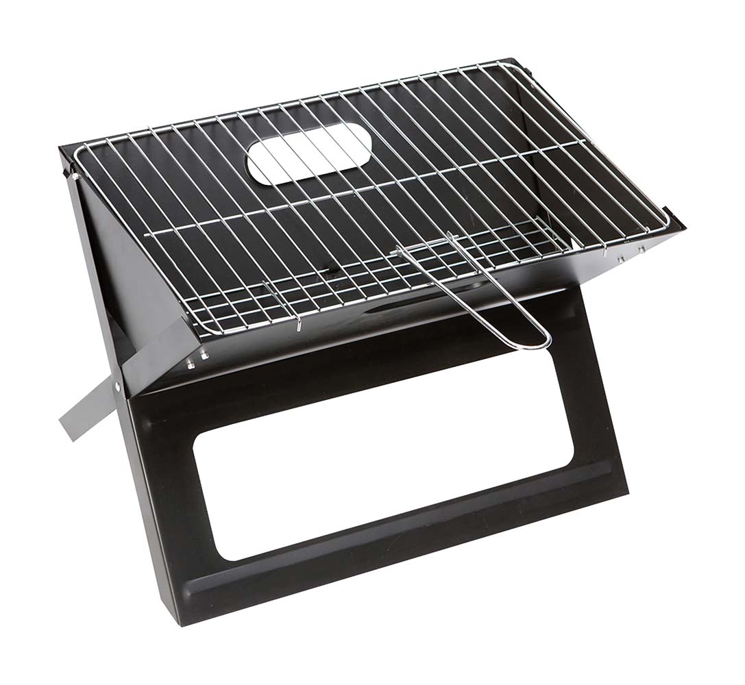 8108345 A very compact, fold-flat charcoal barbecue. Equipped with an additional grill underneath the charcoal. Quick and easy set-up and then usable as a barbecue or fire pit. This dual function, combined with its compactness, makes it an ideal travel barbecue.