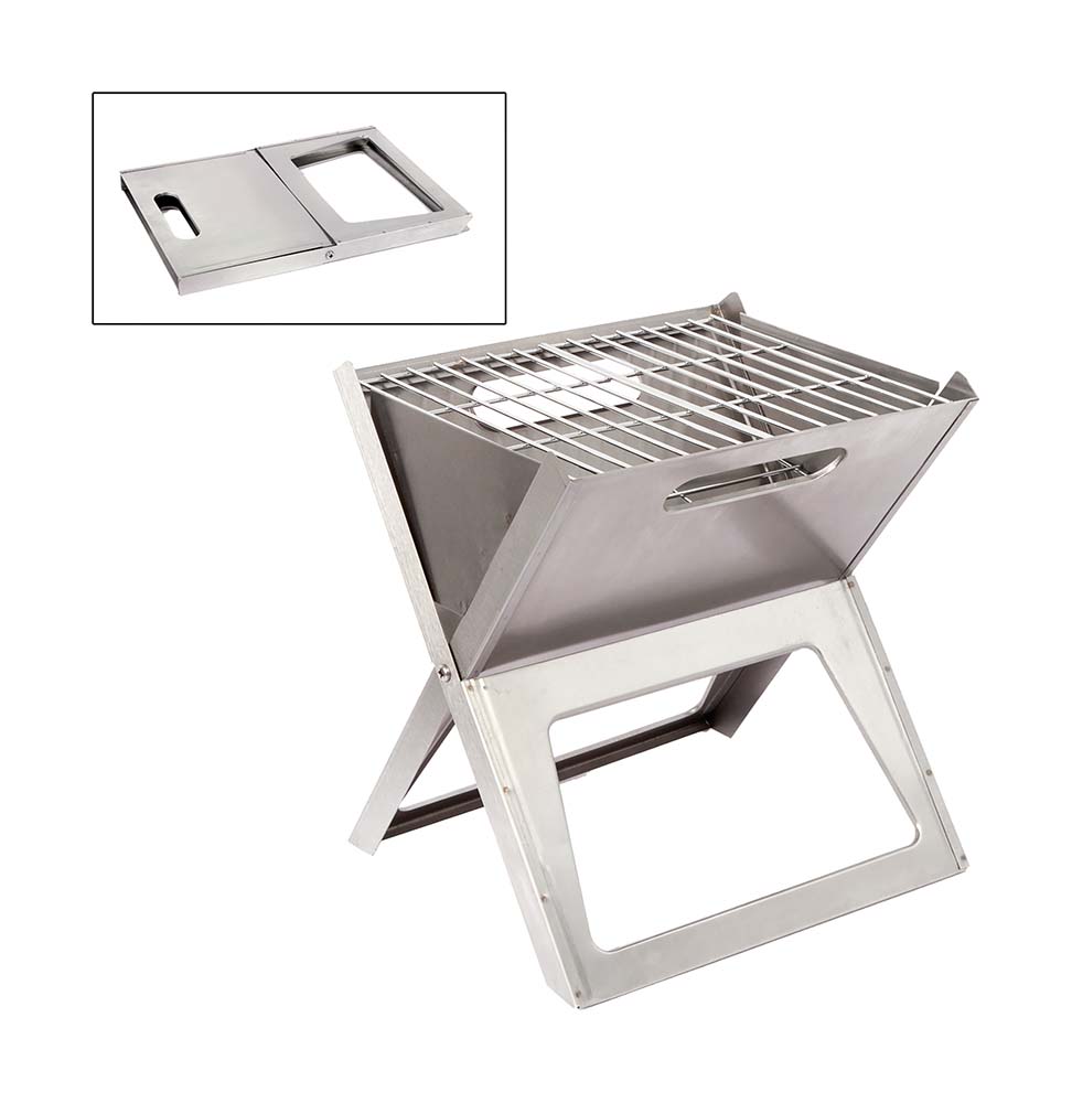 8108347 A very compact, fold-flat stainless steel charcoal grill. This durable barbecue grill is quick and easy to set up and then usable as a barbecue or fire pit. This dual function, combined with its compactness, makes this an ideal travel barbecue. Cooking area: 24x27 centimetres.