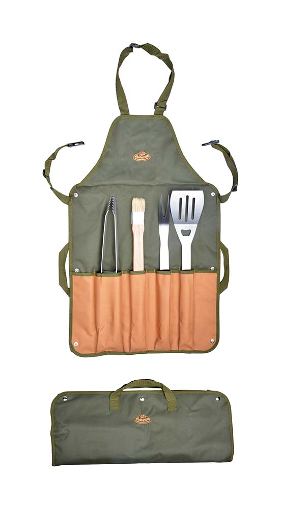 8192588 A complete set for real barbecue fans! Five-piece stainless steel tool set with ash handles consisting of grill tongs, a grill fork and spatula, a bottle opener and BBQ brush. In addition, this set includes a barbecue apron where all the tools can be stored while preparing food on the barbecue. The apron is easy to clean. The apron is easy to fold after which it can be taken along as a bag.