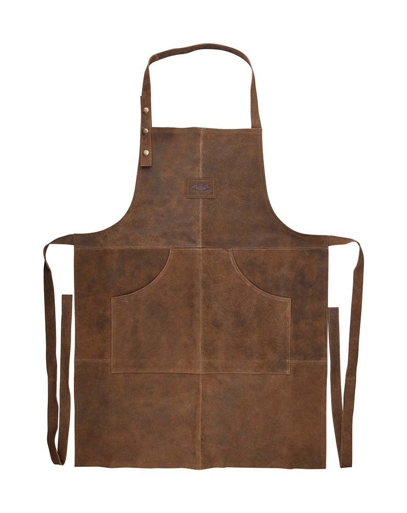 8192590 A handy barbecue apron. Of a solid leather quality. Offers safety and no stains during barbecuing. Fitted with a useful front pocket.