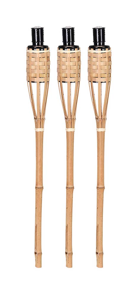 8208005 A set of 3 bamboo torches. Very easy to put in the ground. Stylish and very suitable for in the garden or on the campsite.