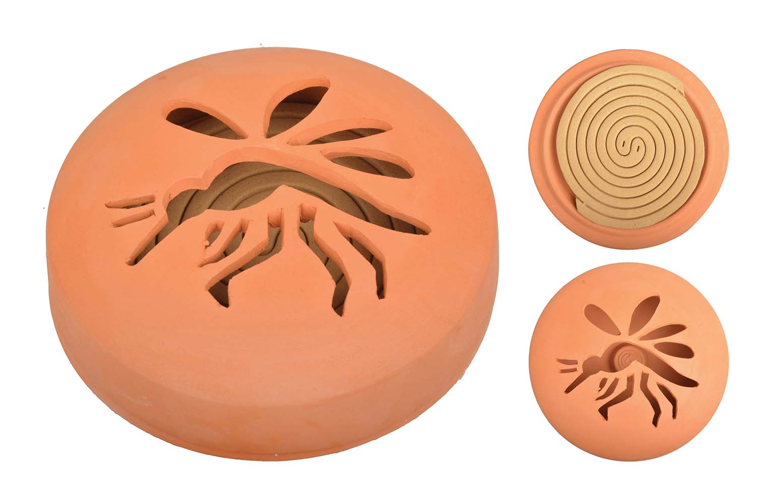 8208110 Clever spirals against insects. The spirals disperse an odour that keeps insects at bay. The spirals are nature-friendly and animal-friendly. A set consists of a terracotta holder and ten citronella spirals.