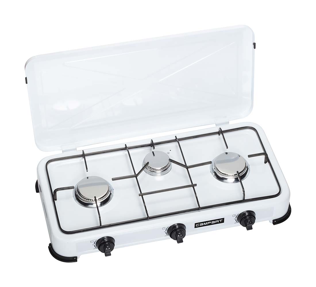 8400760 A compact and stable three-burner gas cooker. Equipped with three adjustable burners with a capacity of 2 x 1500 W and 1x 1000 W. The cooker is equipped with an angled hose connector. It is suitable for connection to refillable gas cylinders by means of a pressure regulator and gas hose. In addition, this gas cooker is equipped with fixed burner heads, integrated handles and a lid.