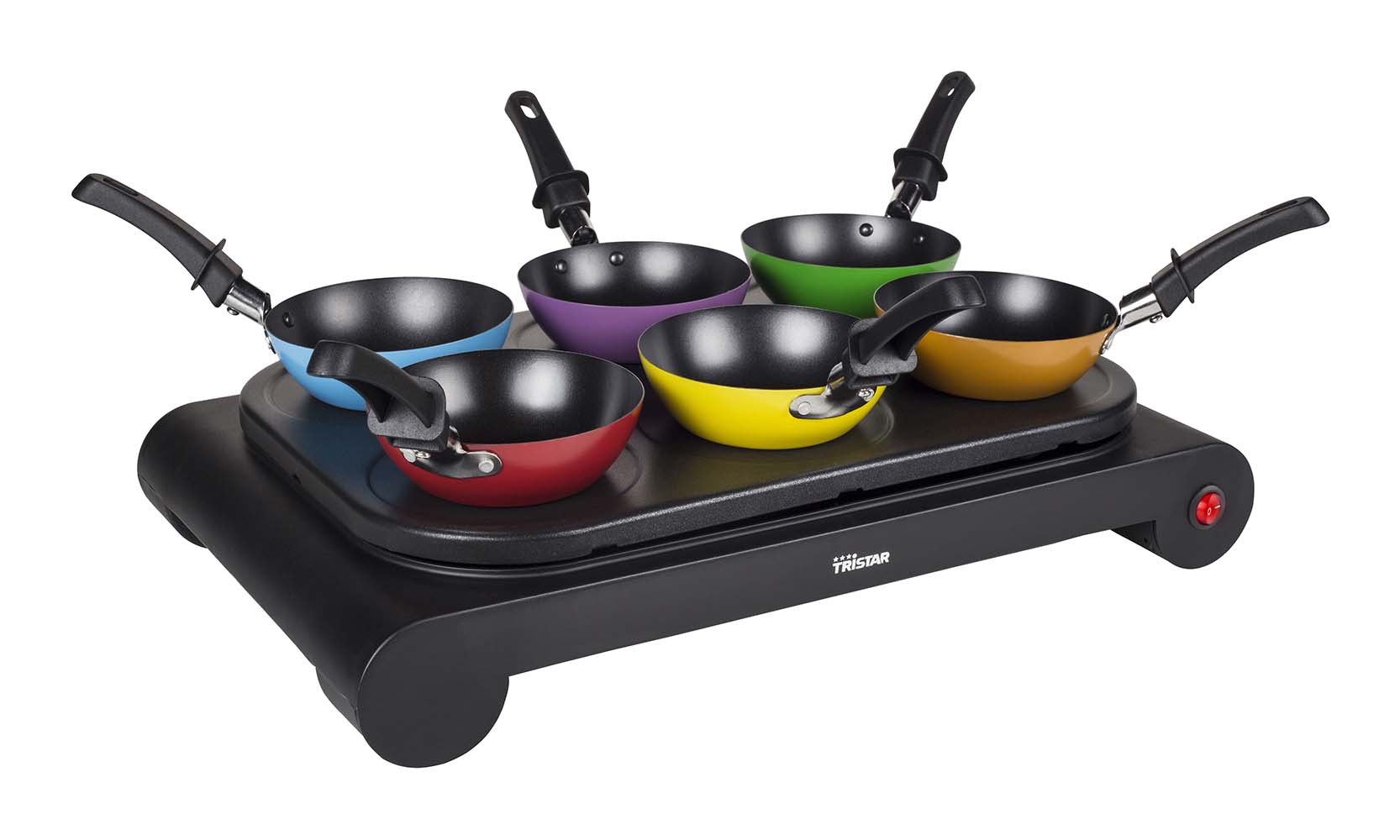 8500506 Attractive and fashionable wok set. This set includes 6 small coloured woks, 6 spatulas. The wok set can also be used without the wok pans as a crepe pan (6 pieces) or as a baking sheet. The many uses and compact dimensions make this set ideal for travelling. 230 V and 1000 W
